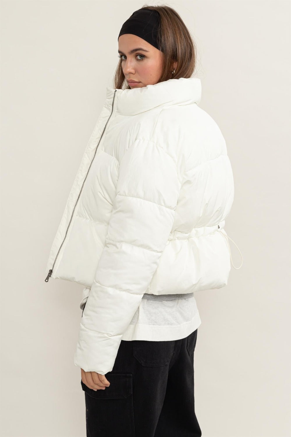 Mesa Quilted Back Drawstring Puffer Jacket in Cream