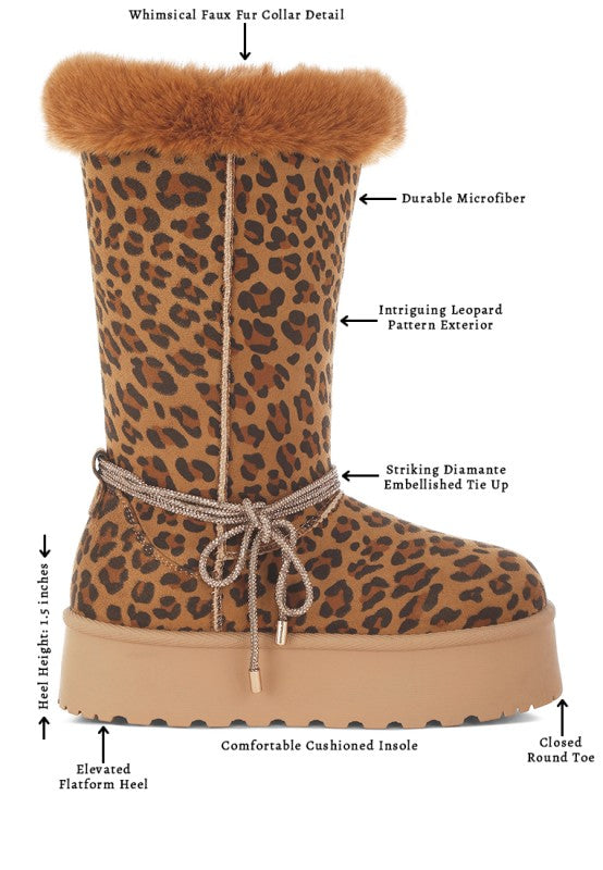 Infographic of leopard boots labeling faux fur collar, heel height, and anti-skid sole.