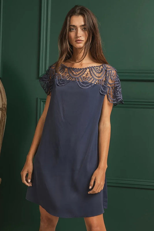 Front view of Misty Crochet Lace Boho Dress in navy with lace yoke and short sleeves.