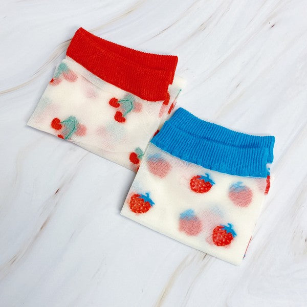 Folded Sweet & Fruity Sheer Socks showing red cherry design and blue strawberry design side by side.