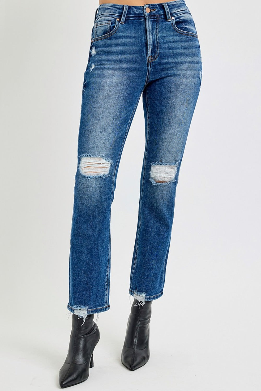 High Rise Distressed Crop Straight Jeans in dark wash with a high-rise fit, distressed details, raw hem, and slightly stretchy fabric for a cool, versatile look.