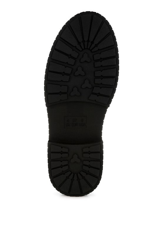 Bottom view showing lug sole of black Grosbeak Chunky Loafers.