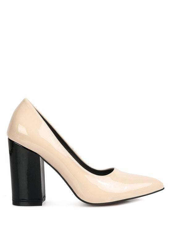 Nude Kamira Patent Pumps side angle showing sleek patent finish.