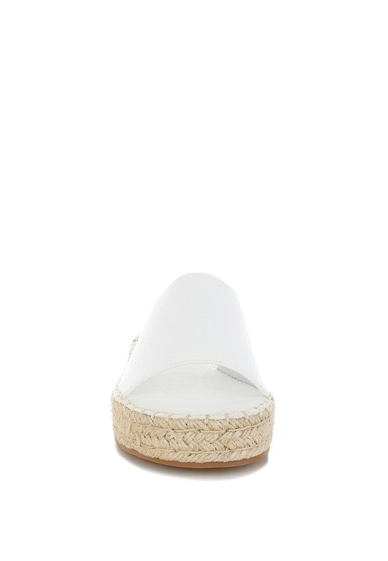 Front view of Scalar white leather espadrille flatform featuring open round toe.