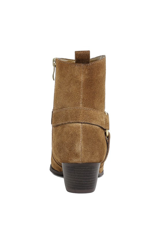 Jockey Harness Ankle Boots taupe suede back view highlighting zipper closure and heel