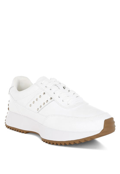 Front angle of white Athion Studded Leather Sneakers with lace-up closure