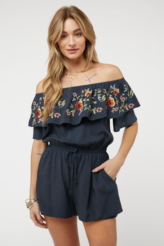 Kenzy Floral Embroidered Off Shoulder Romper