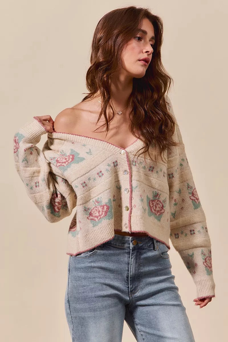 Sonny Floral Beige Sweater Cardigan – relaxed cropped style, lifestyle angle shot.