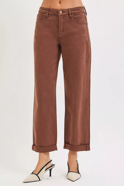 Nessa Cocoa Tummy Control Barrel Jeans angled front wide leg rolled cuff