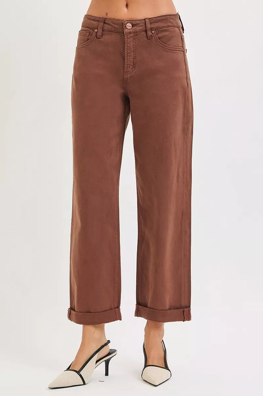 Nessa Cocoa Tummy Control Barrel Jeans angled front wide leg rolled cuff