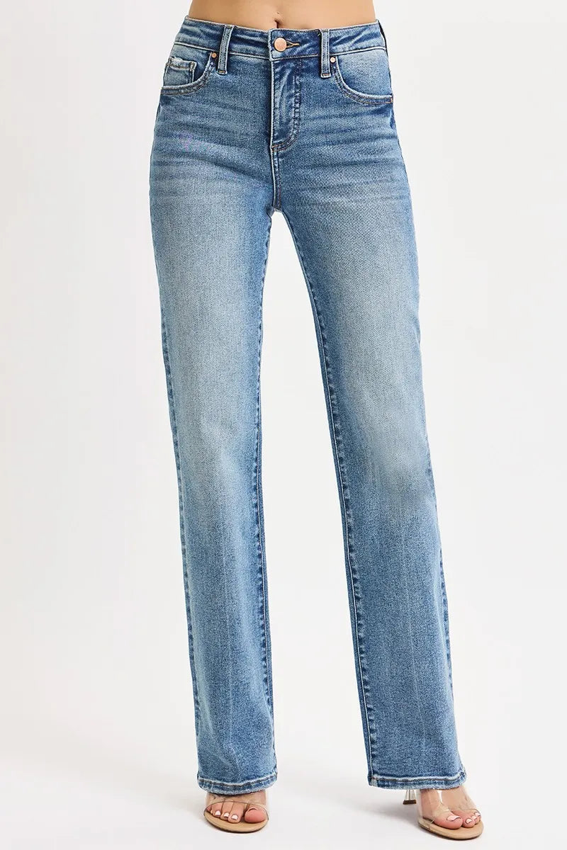 Close front view highlighting button closure, zip fly, and five-pocket design of Reese Straight Jeans.