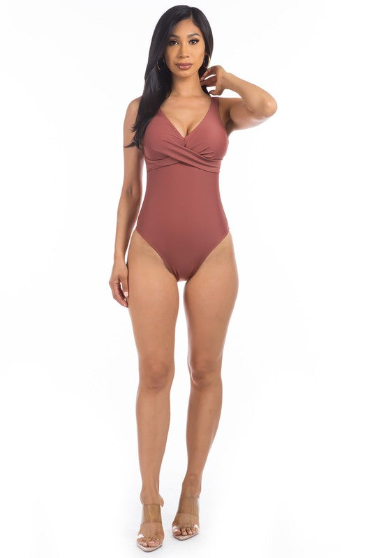 Lucky Pleated Cross Gathering Neckline One Piece Swimsuit