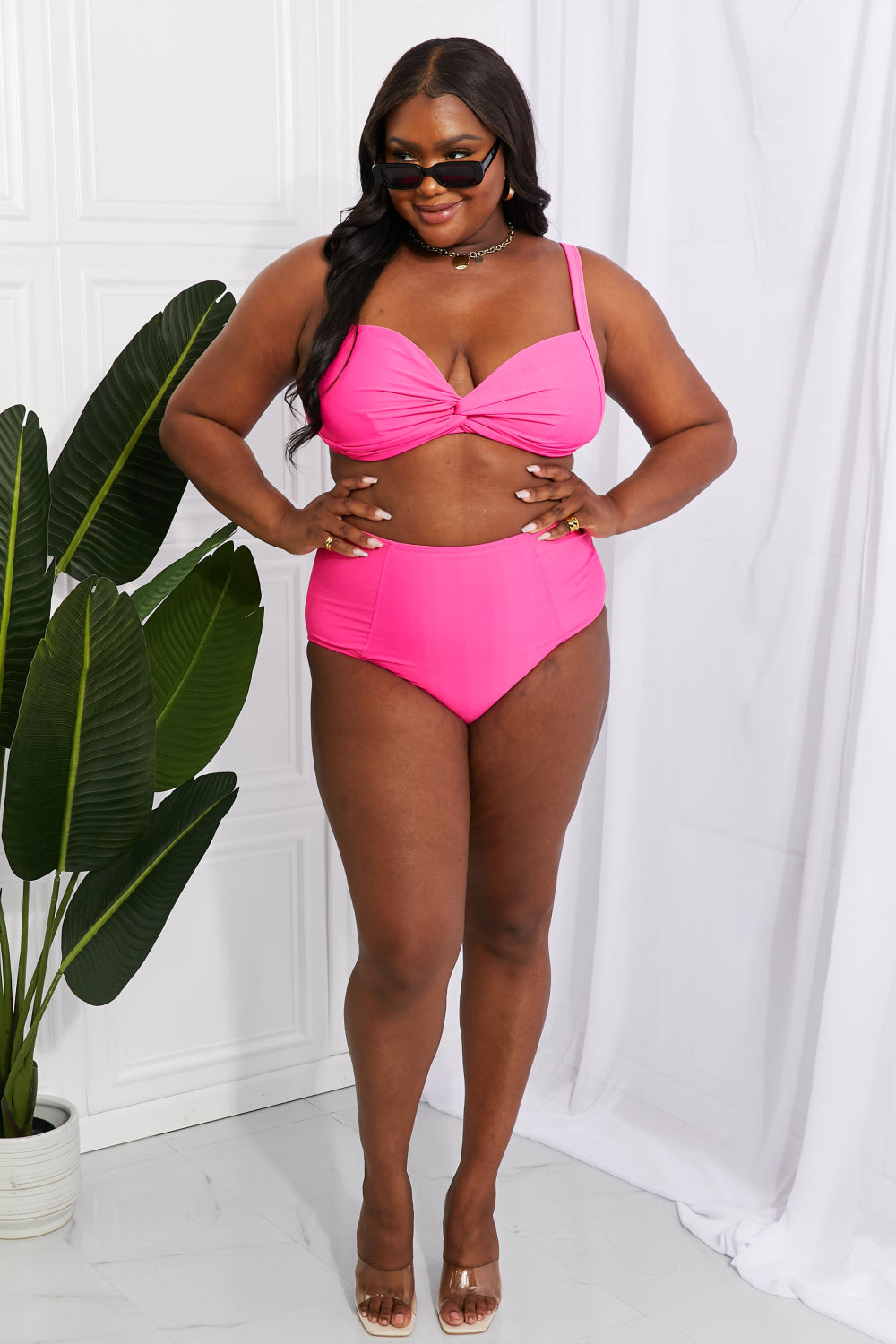 Finley Take A Dip Twist High-Rise Bikini in Hot Pink By Marina West Swim