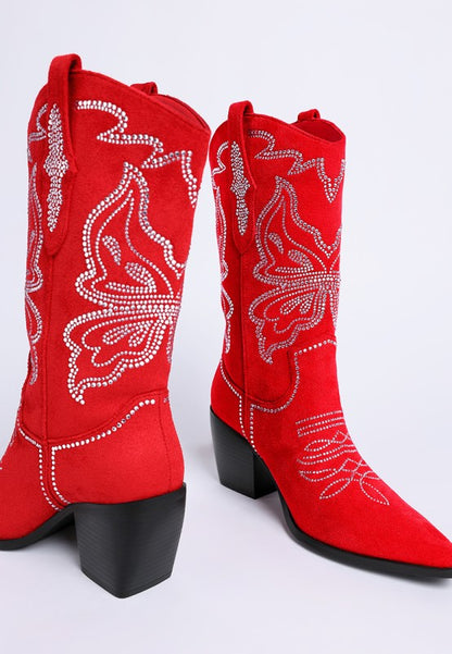 Side angled pair of red rhinestone cowboy boots with block heels