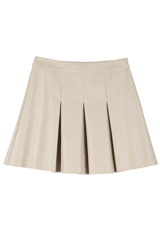 Ivory vegan leather pleated mini skirt with 4 pin tucks on the front and back for added style. Features a zipper closure.