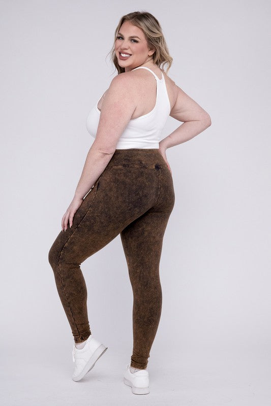 Stretchy Americano colored, mineral washed, full-length leggings with a wide waistband.