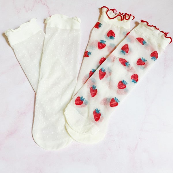 Flat lay of both pairs of Dots and Strawberries Sheer Socks together.