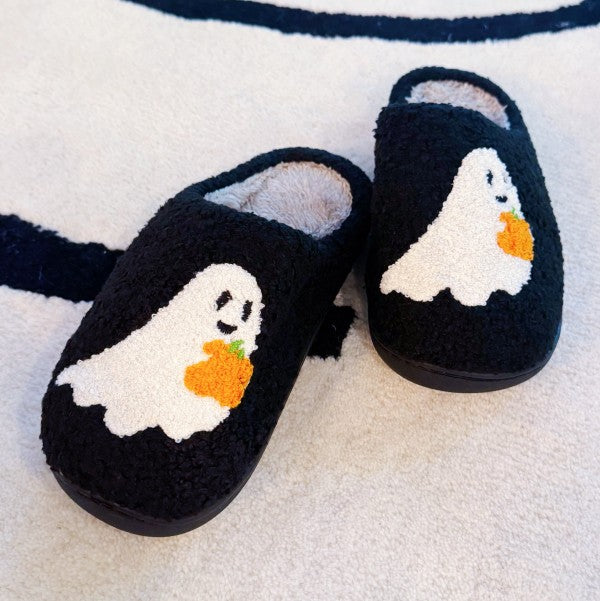 Front view of Spooky Ghost Cozy Slippers showing soft plush upper and Halloween ghost pattern.