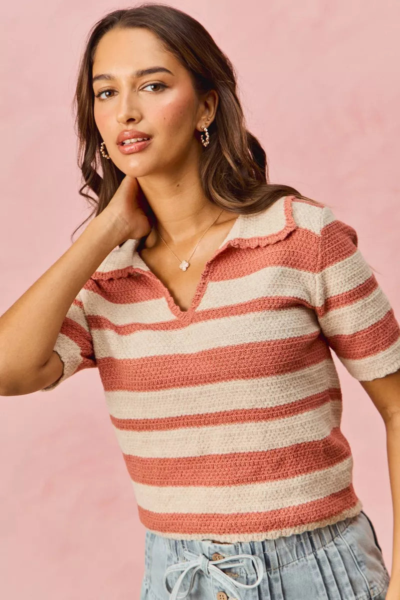 Detail shot of Noreen Stripe Short Sleeve Cropped Sweater showing striped knit.