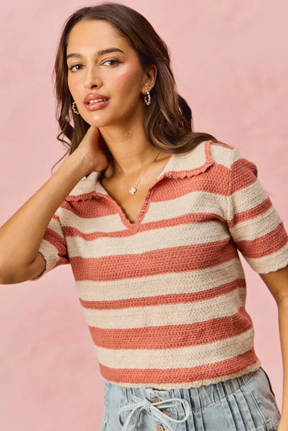 Detail shot of Noreen Stripe Short Sleeve Cropped Sweater showing striped knit.