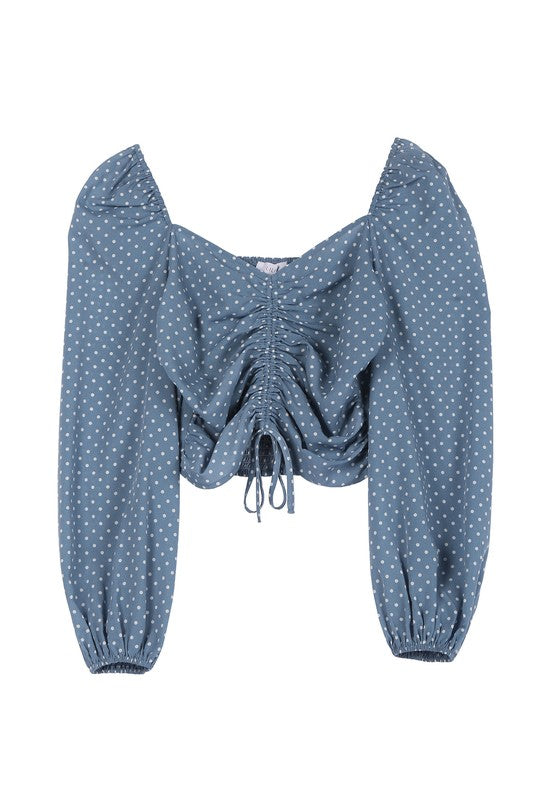 Isla Ruched Polka Dot Crop Top With Puff Sleeves