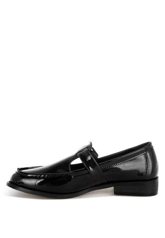 Black Swenson Mary Jane Loafers inside side view, cushioned insole with stitched details and low heel