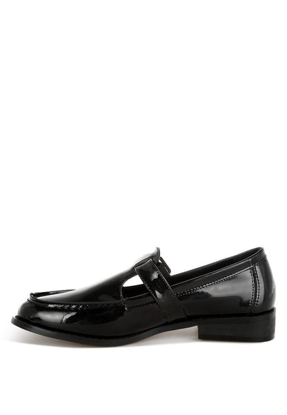 Black Swenson Mary Jane Loafers inside side view, cushioned insole with stitched details and low heel