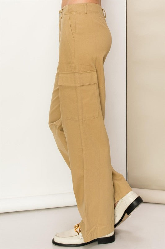 Khaki high-waisted cargo pants with a straight-leg fit, functional side pockets, and zip fly.