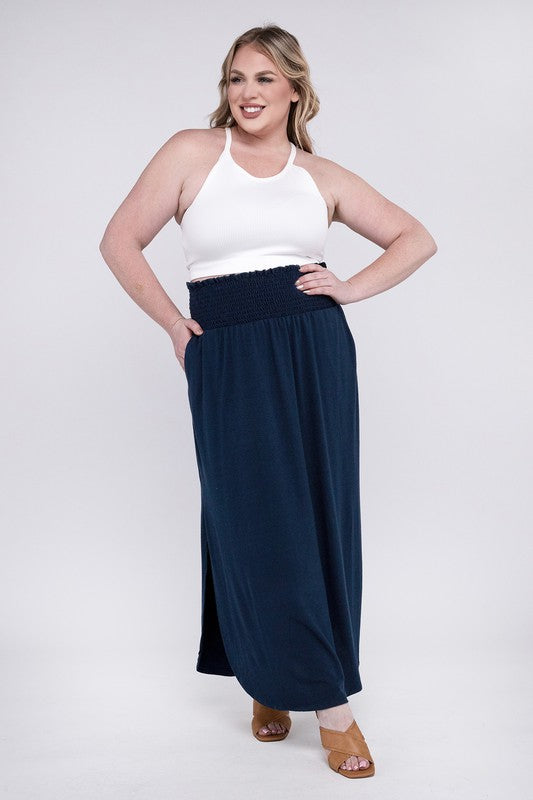 Maren Curvy Plus Smocked Waist Side Slit Maxi Skirt