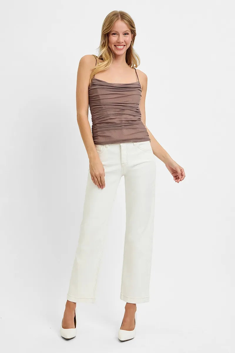 Mid rise tummy control cream jeans by Risen, ankle straight leg style.