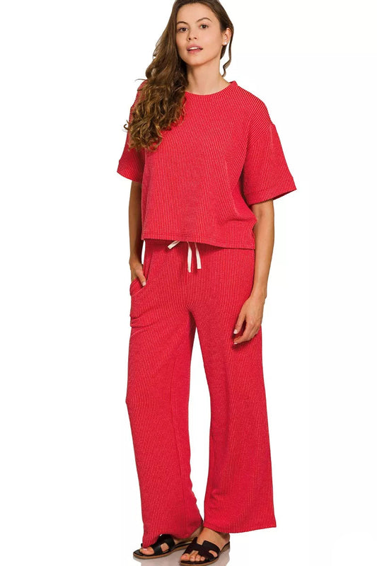 Meg Raised Rib Set Ruby – short sleeve ribbed tee with drawstring pants, casual lounge outfit front view.