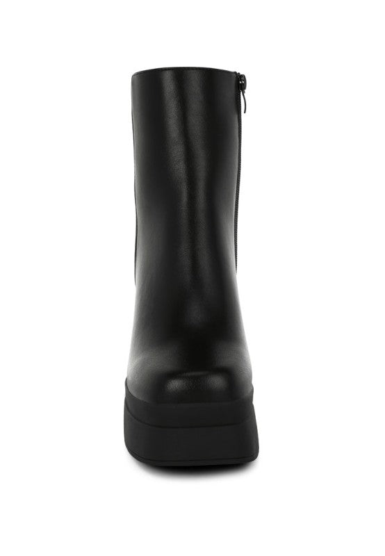 Front view of Baltese Black Boots with square toe and tall block heel.