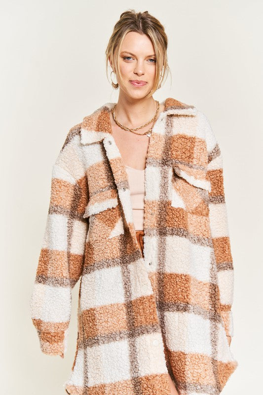 Front view of Sariya Plus Size Teddy Jacket in brown plaid with pumpkin, peach, and beige tones