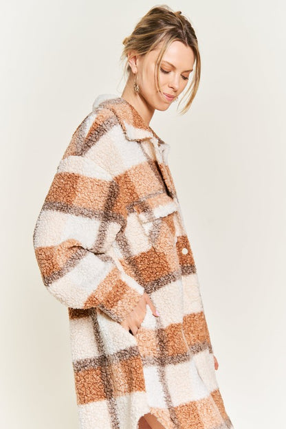 Sariya Plus Size Brown Plaid Teddy Jacket side angle showing collared neckline and cozy fit.