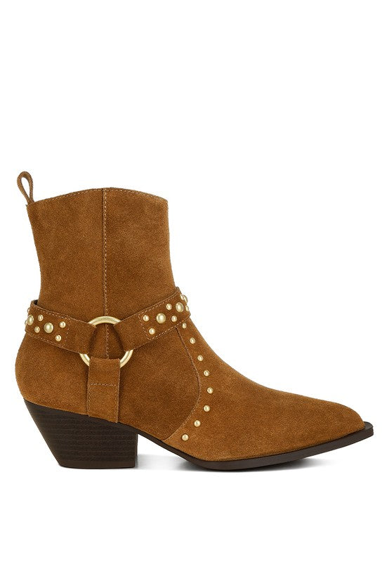Rodeo Studded Suede Ankle Boots Taupe side view with harness strap and block heel