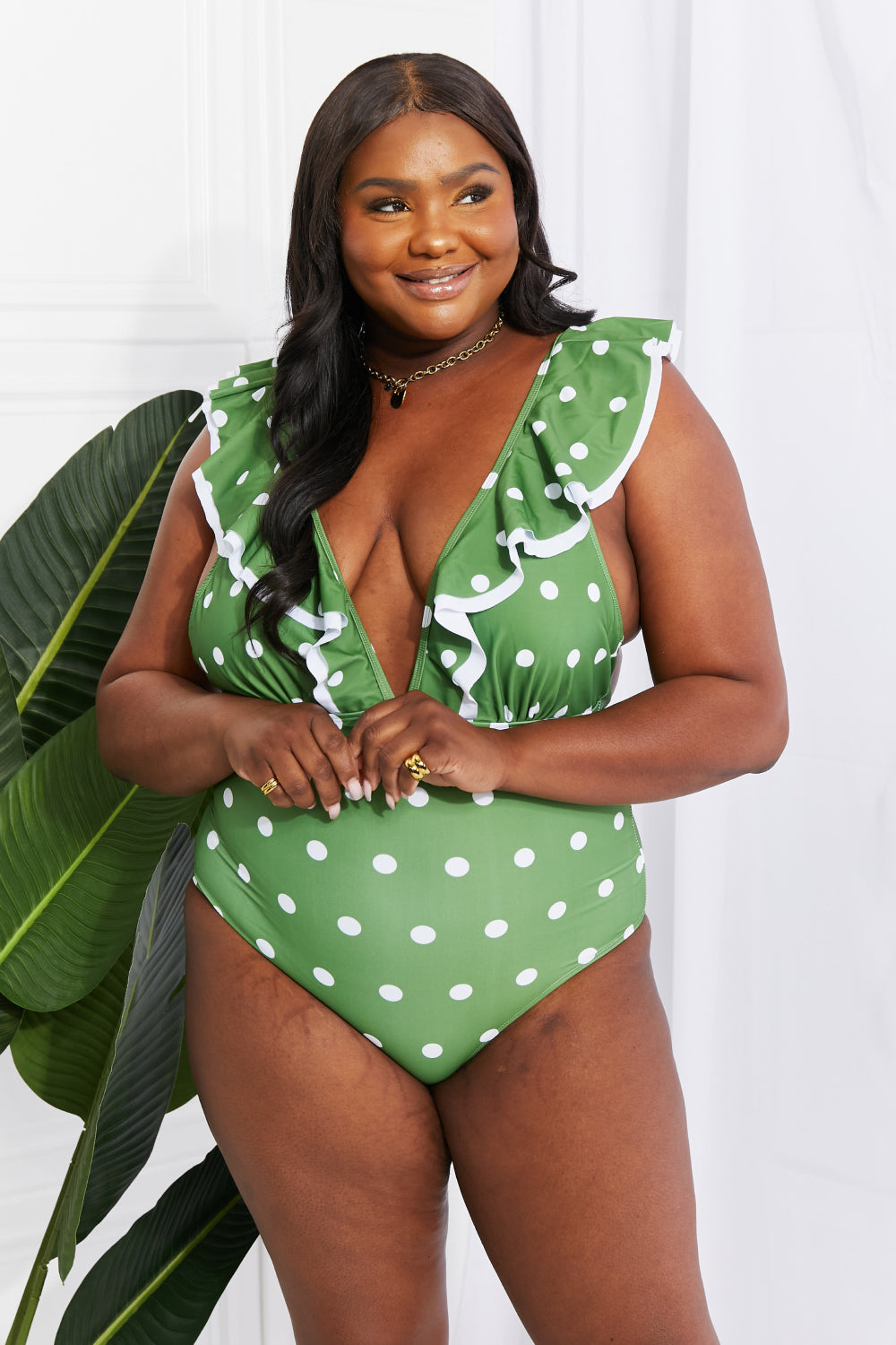 Moonlit Dip Ruffle Plunge Swimsuit in Mid Green By Marina West Swim