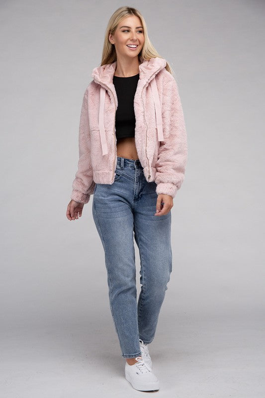 Cropped mauve zip-up fluffy teddy hoodie with a drawstring hood, long sleeves, and front pockets.