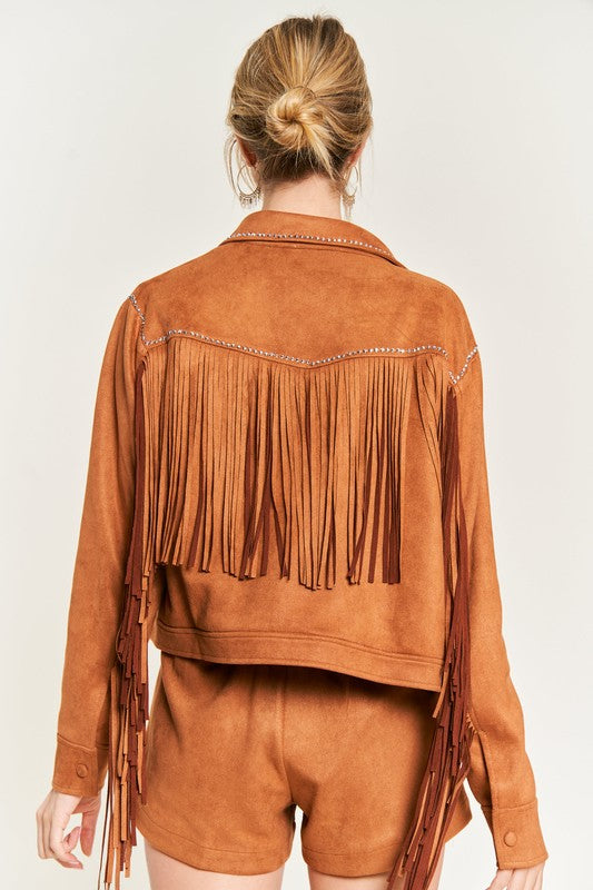 Oakley Plus Size Suede Fringe Jacket camel back view highlighting fringe trim and relaxed cut