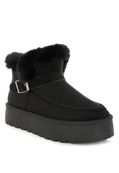 Black Linka Snow Boots with faux fur collar and gold-tone pin buckle strap detail.