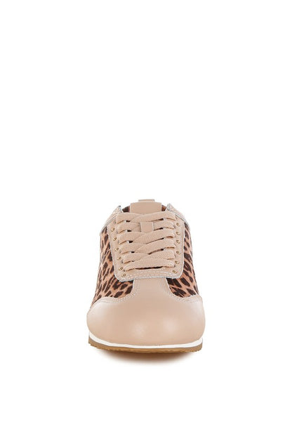 Leopard print and beige leather sneakers front view with stud embellishments, lace-up closure, and flatform sole.
