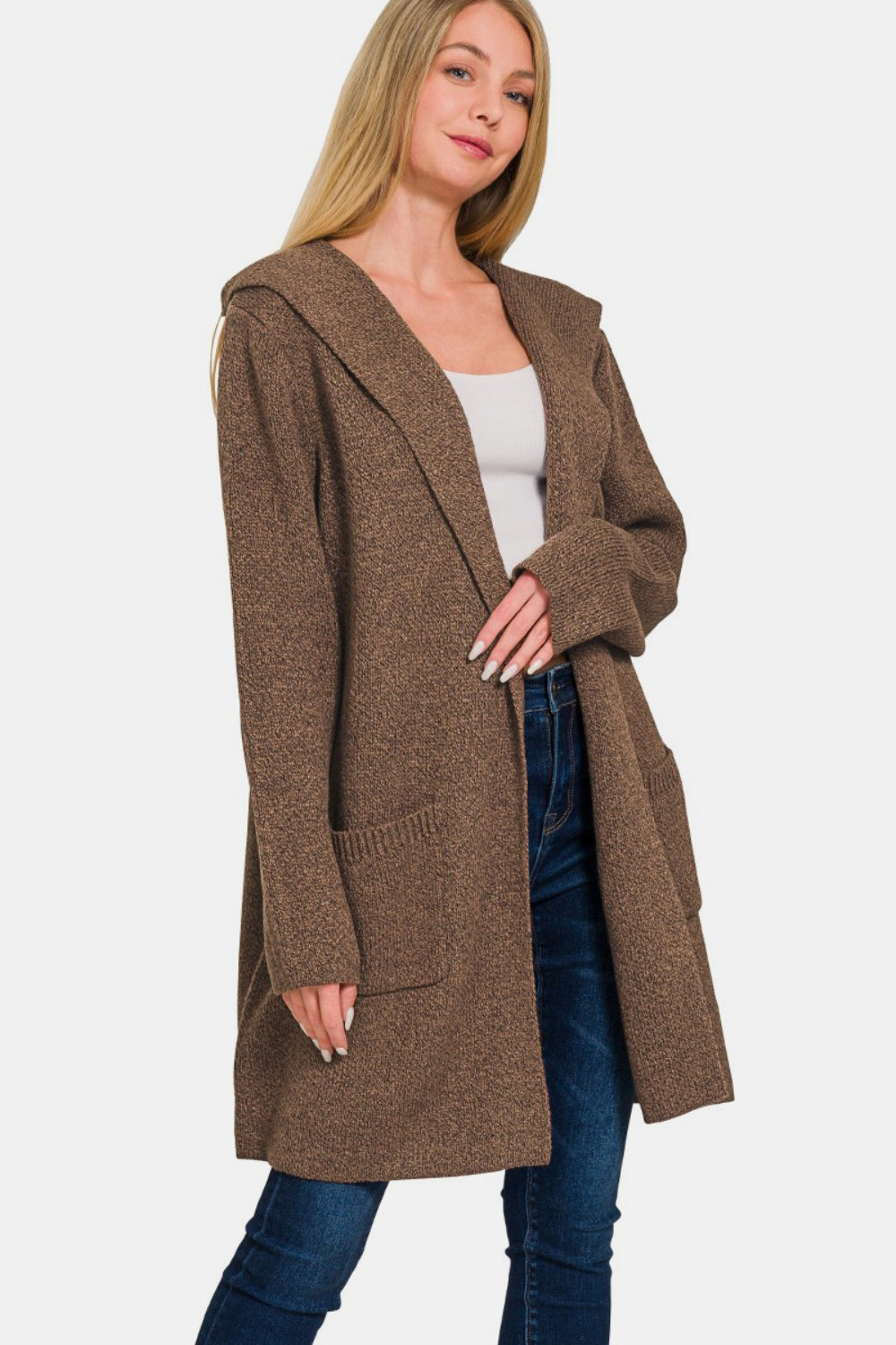 Side view of the brown Flannery Hooded Open Front Sweater Cardigan, highlighting its relaxed fit, long sleeves, and hooded design.