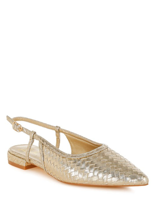 Front angled view of gold woven slingback sandals with pointed toe and low block heel – Kurina by Rag Company