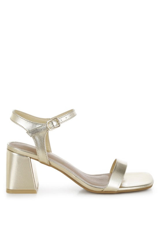 Side view of Kazara Metallic Block Heels with ankle strap and metallic shine.
