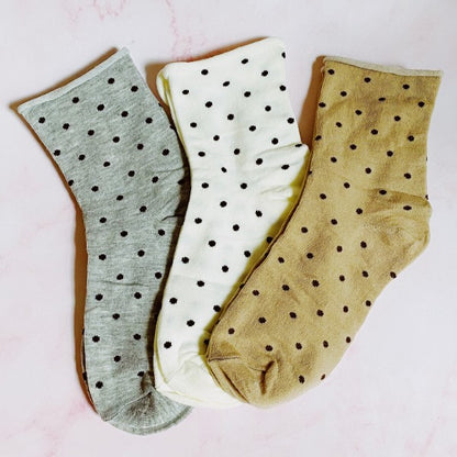 Flat lay of full Precious Polka Dot Socks set of 3 highlighting colors and design.
