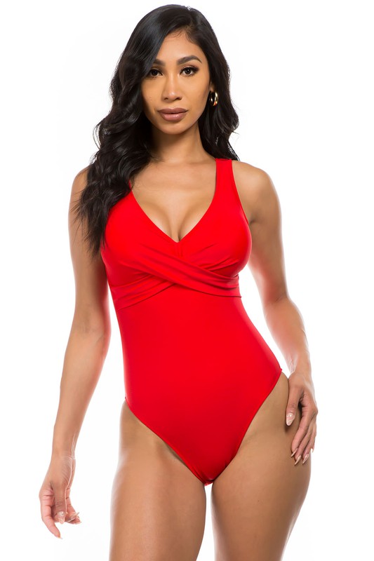 Lucky Pleated Cross Gathering Neckline One Piece Swimsuit