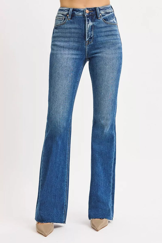 Front view of Seraphina High Rise Flare Jeans in dark wash, sleek retro denim.