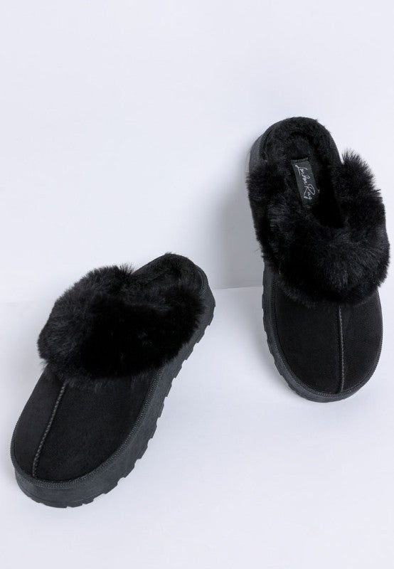 Black Portho Faux Fur Slip Ons with soft faux fur detail and flatform heel on white background.