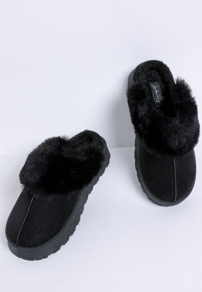 Black Portho Faux Fur Slip Ons with soft faux fur detail and flatform heel on white background.