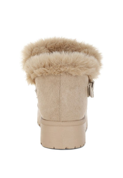 9. Beige Linka Boots showing faux fur collar and supportive flatform design.