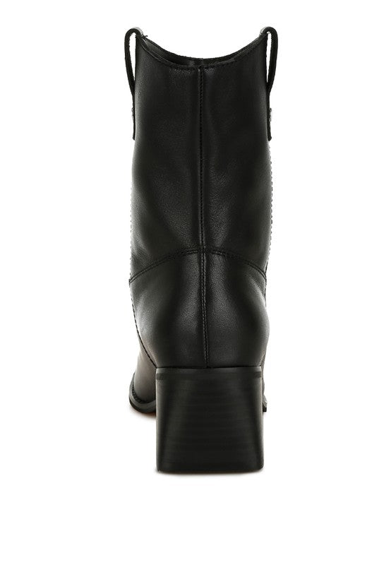 Rear of Iliad Leather Ankle Boots with seam detail and pull tabs above flared heel.
